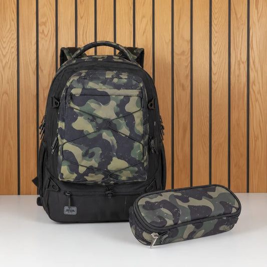 JEVA Green Camou Survivor Schoolset - Ergonomische rugzak met etui