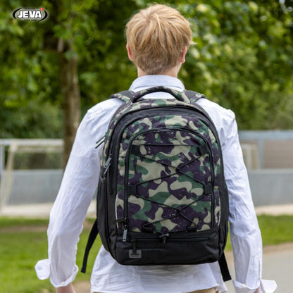 JEVA Green Camou Survivor Schoolset - Ergonomische rugzak met etui