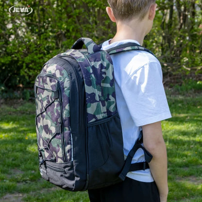 JEVA Green Camou Survivor Schoolset - Ergonomische rugzak met etui