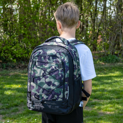 JEVA Green Camou Survivor Schoolset - Ergonomische rugzak met etui